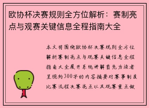 欧协杯决赛规则全方位解析：赛制亮点与观赛关键信息全程指南大全